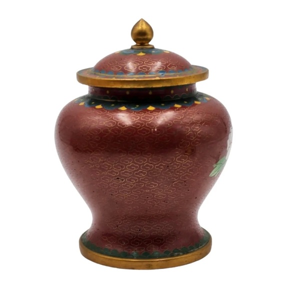 Vintage Dark Red Peony Design Chinese Brass Cloisonné Ginger/Tea Jar * Pristine - Picture 2 of 11